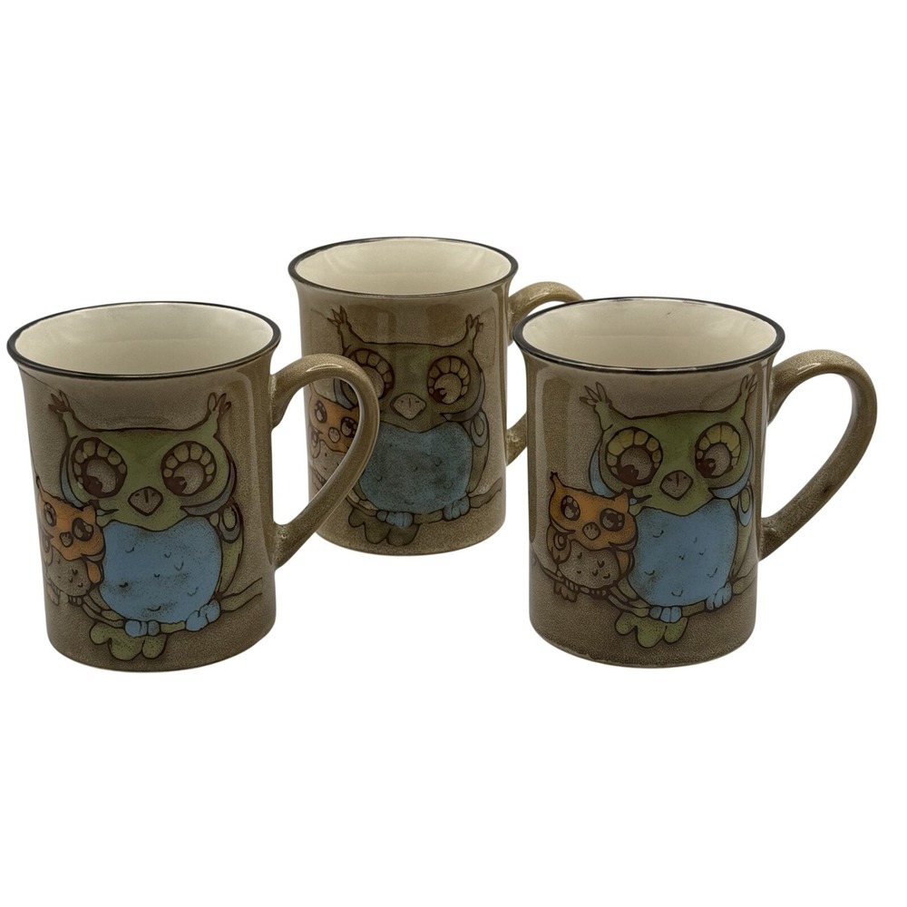 LOT of 3 Retro Owl Buddy Mug Pier 1 Imports Large Coffee Mug Stoneware Baby Owl